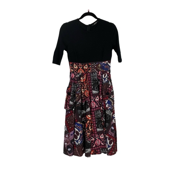 eShakti Women's Black Multi Abstract Short Sleeves Pleated Midi Dress Size 0 - Picture 1 of 12